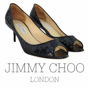 AUTHENTIC JIMMY CHOO Isabel Sequined Peep Toe Pump Sz 37 IT (US 7) - Black